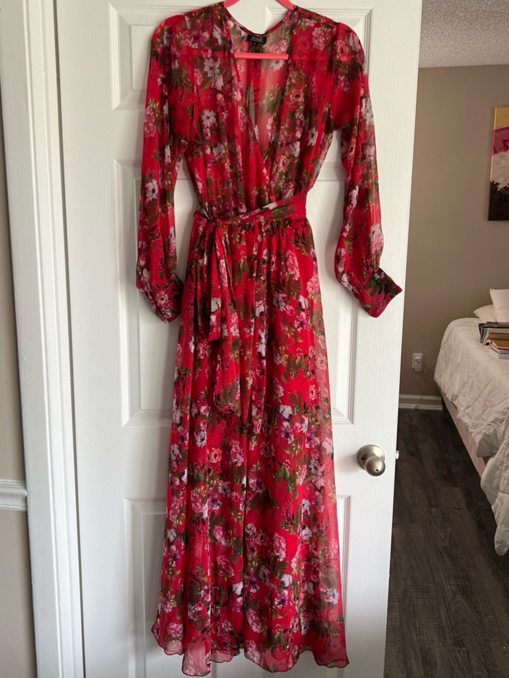 Red Floral Wrap Maxi Dress - Picture 2 of 5